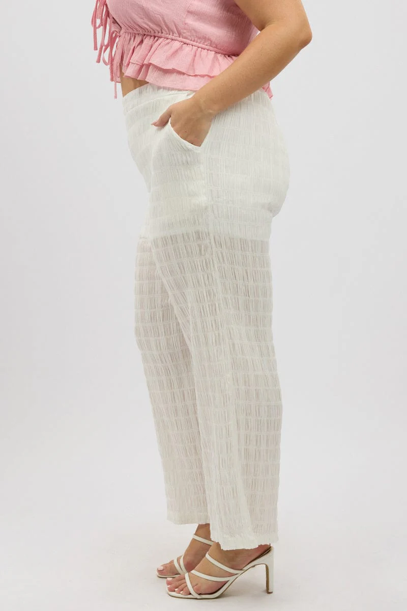 White Crinkle Texture Wide Leg Pants - Image 4