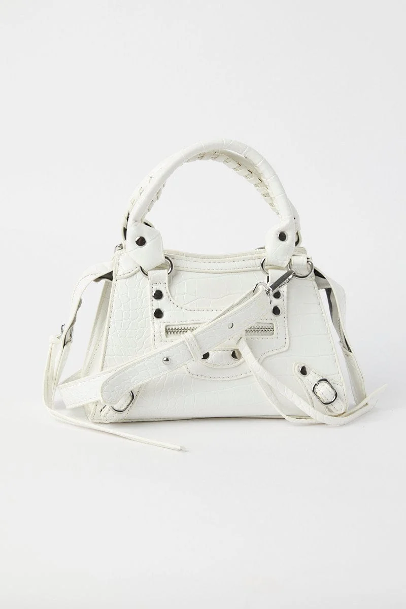 White Croc Top Handle Crossbody Bag