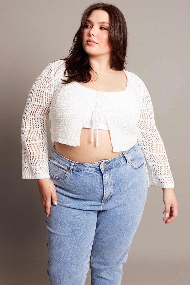 White Crochet Cardigan Long Sleeve Squared Neck - Image 2