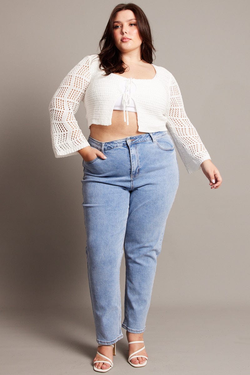 White Crochet Cardigan Long Sleeve Squared Neck - Image 3