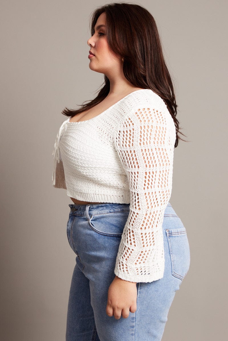 White Crochet Cardigan Long Sleeve Squared Neck - Image 4