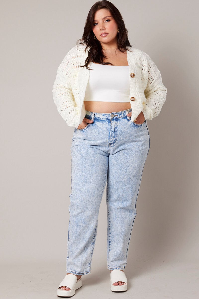 White Crochet Cardigan Long Sleeve V-neck Relaxed Fit - Image 2