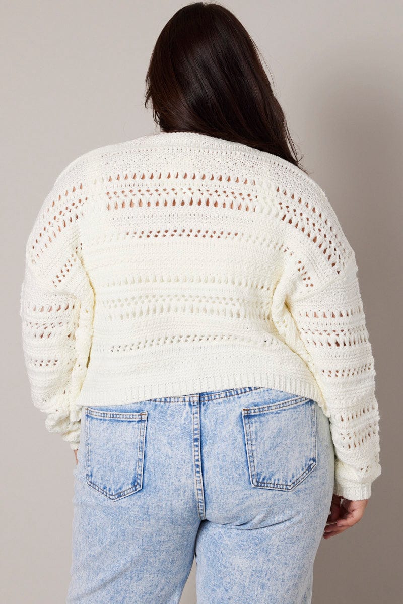 White Crochet Cardigan Long Sleeve V-neck Relaxed Fit - Image 5