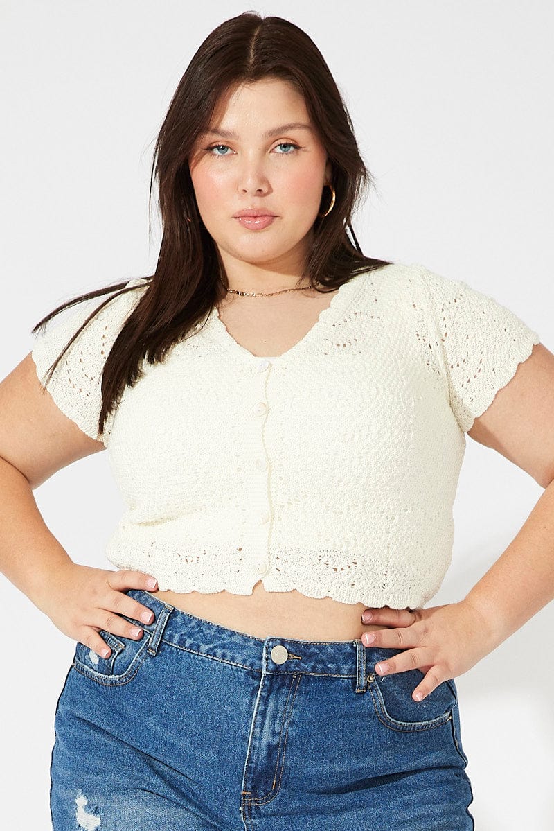White Crochet Knit Cardigan Short Sleeve