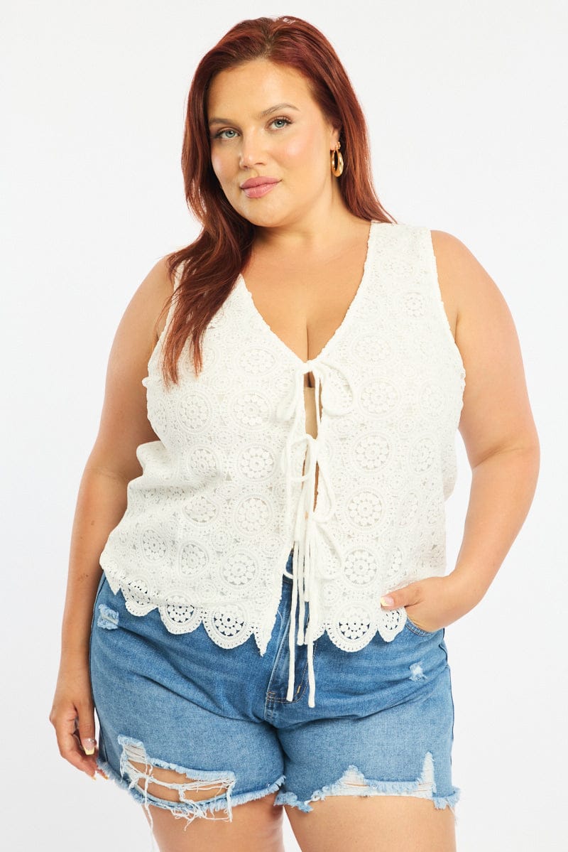 White Crochet Vest Tie Front