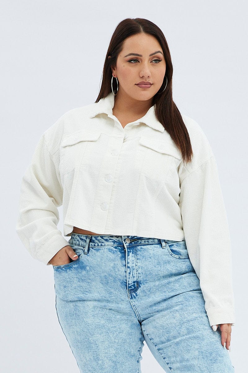 White Crop Jacket Corduroy Button Front - Image 3