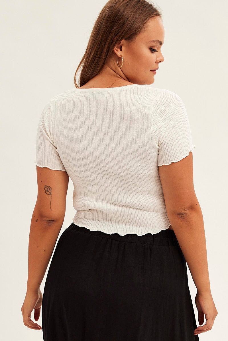 White Crop Knit Top Scoop Neck Short Sleeve - Image 5