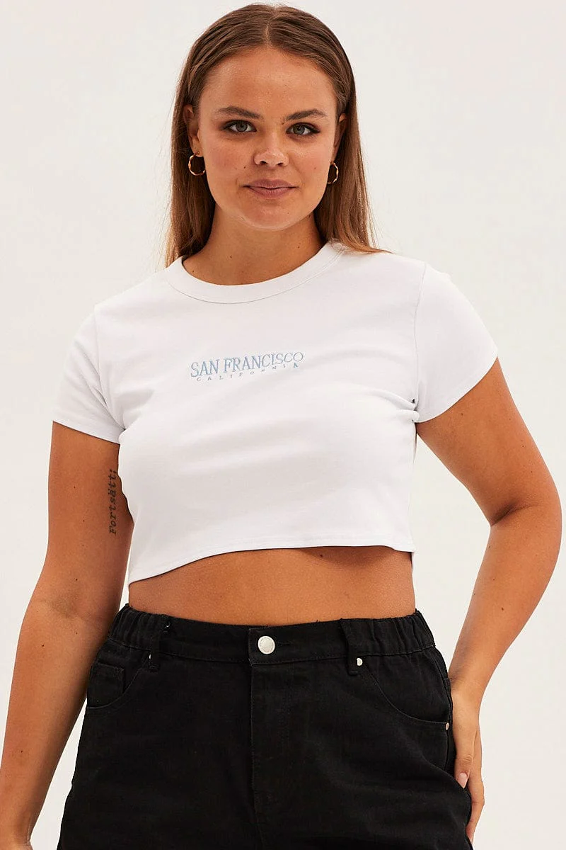 White Crop T-shirt Short Sleeve Crew Neck - Image 3
