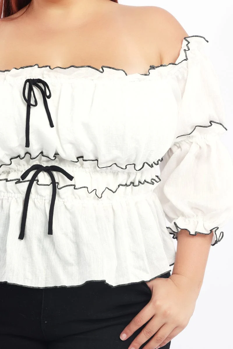 White Crop Top Off Shoulder 3/4 Sleeve Contrast Bow - Image 5