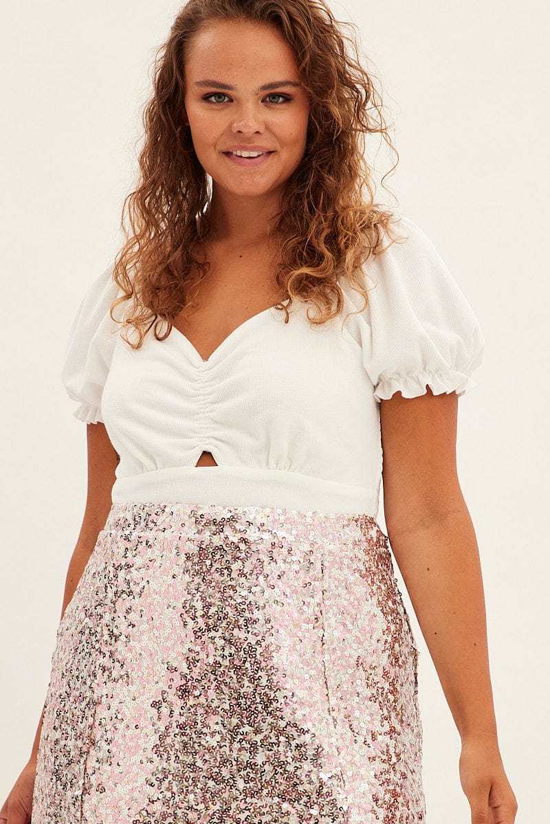 White Crop Top Puff Sleeve Textured Jersey - Image 3