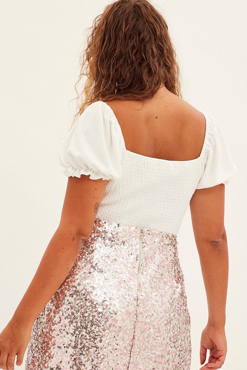 White Crop Top Puff Sleeve Textured Jersey - Image 5