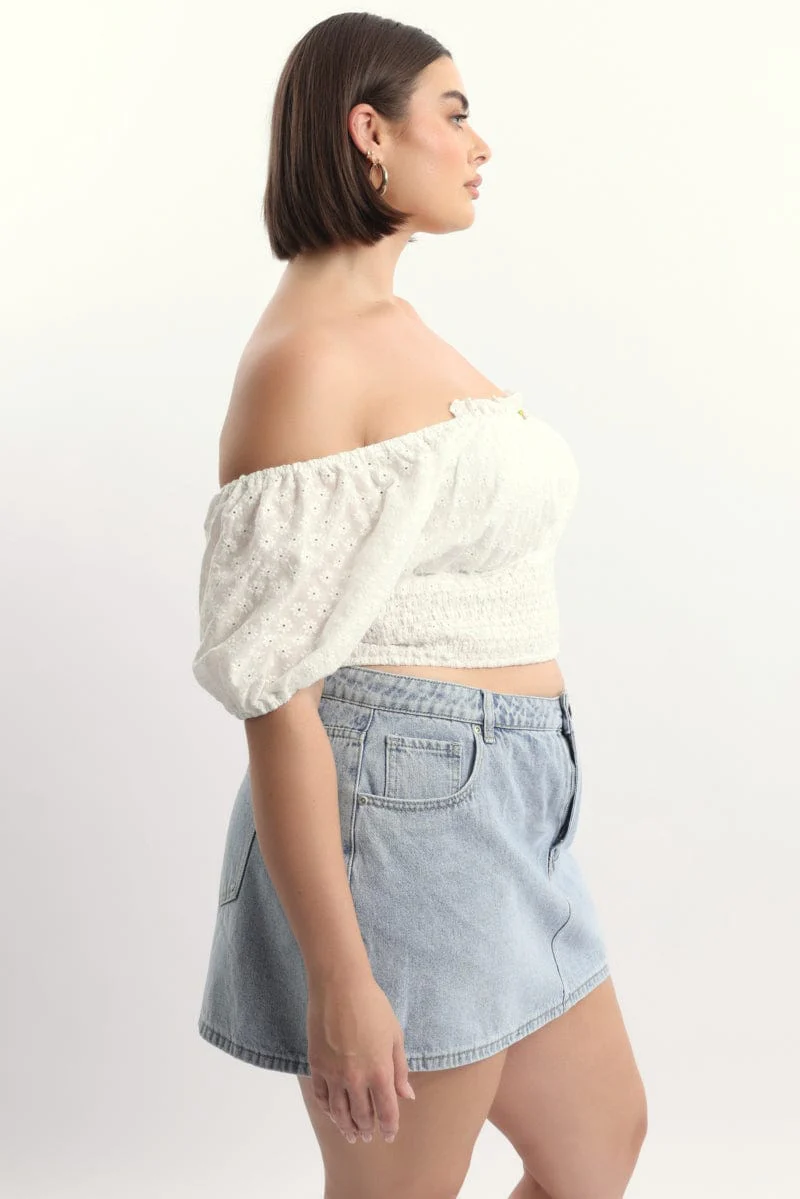 White Crop Top Short Sleeve Broderie - Image 3
