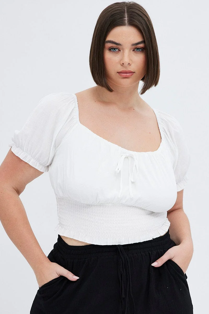 White Crop Top Short Sleeve Gathered Bust - Image 2