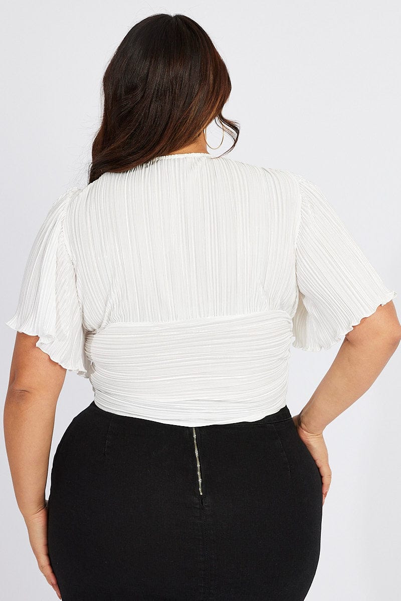 White Crop Top Short Sleeve Plisse - Image 5
