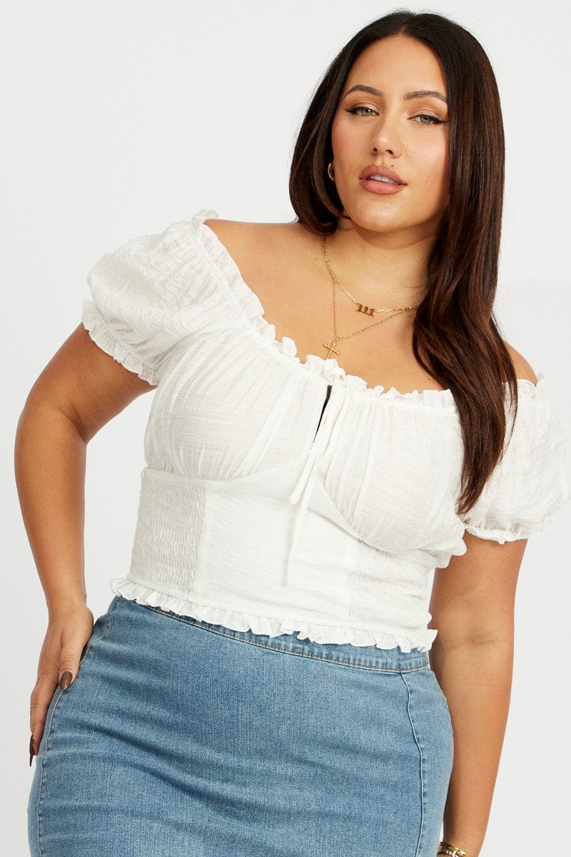 White Crop Top Short Sleeve Shirred Waist - Image 3