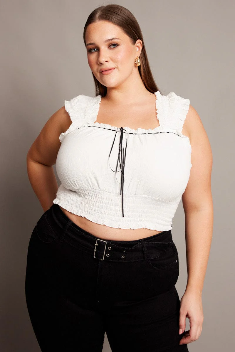 White Crop Top Short Sleeve Shirred Waist - Image 3