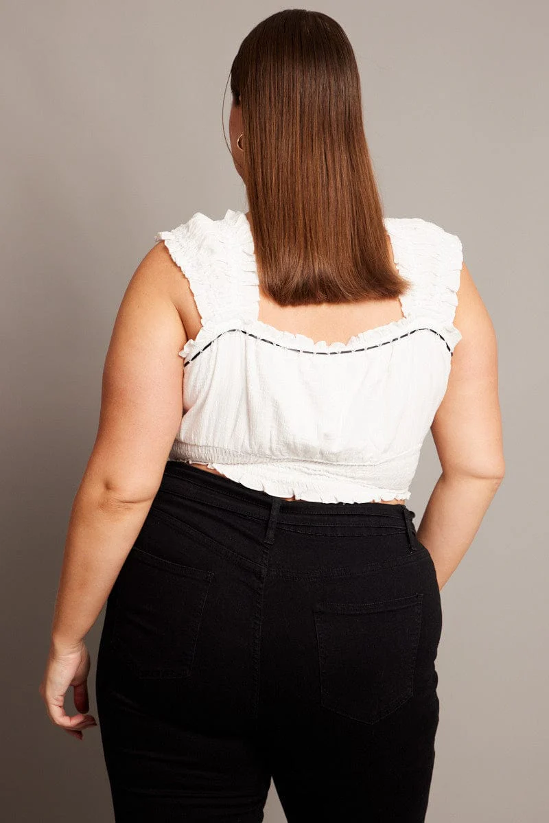 White Crop Top Short Sleeve Shirred Waist - Image 5