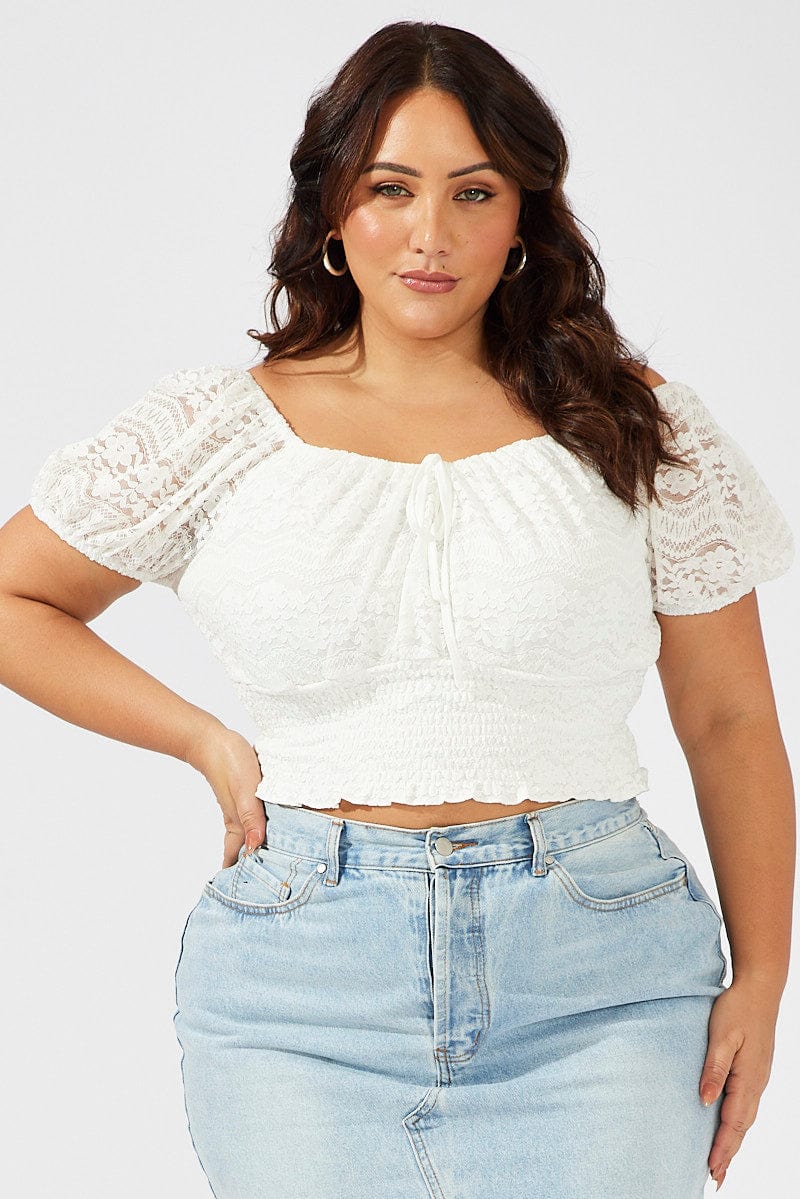 White Crop Top Short Sleeve Shirred Waist Lace
