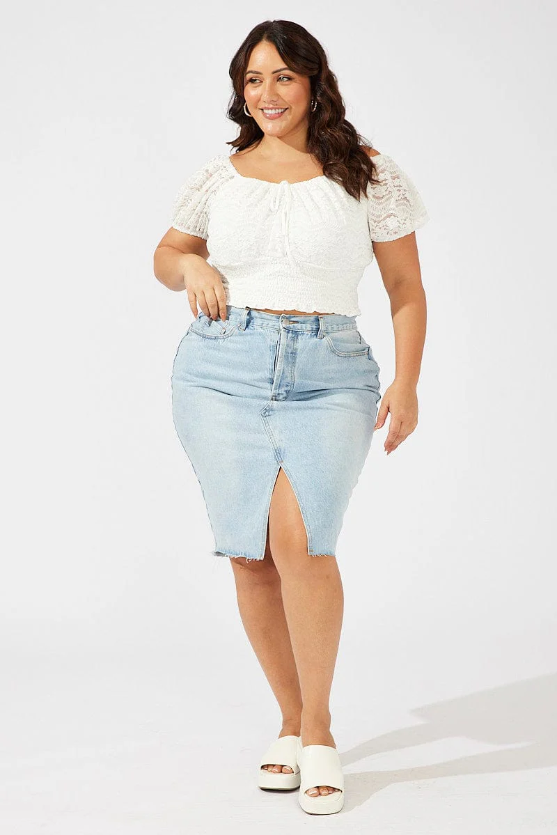 White Crop Top Short Sleeve Shirred Waist Lace - Image 2