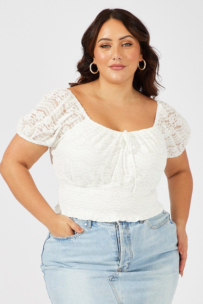 White Crop Top Short Sleeve Shirred Waist Lace - Image 3