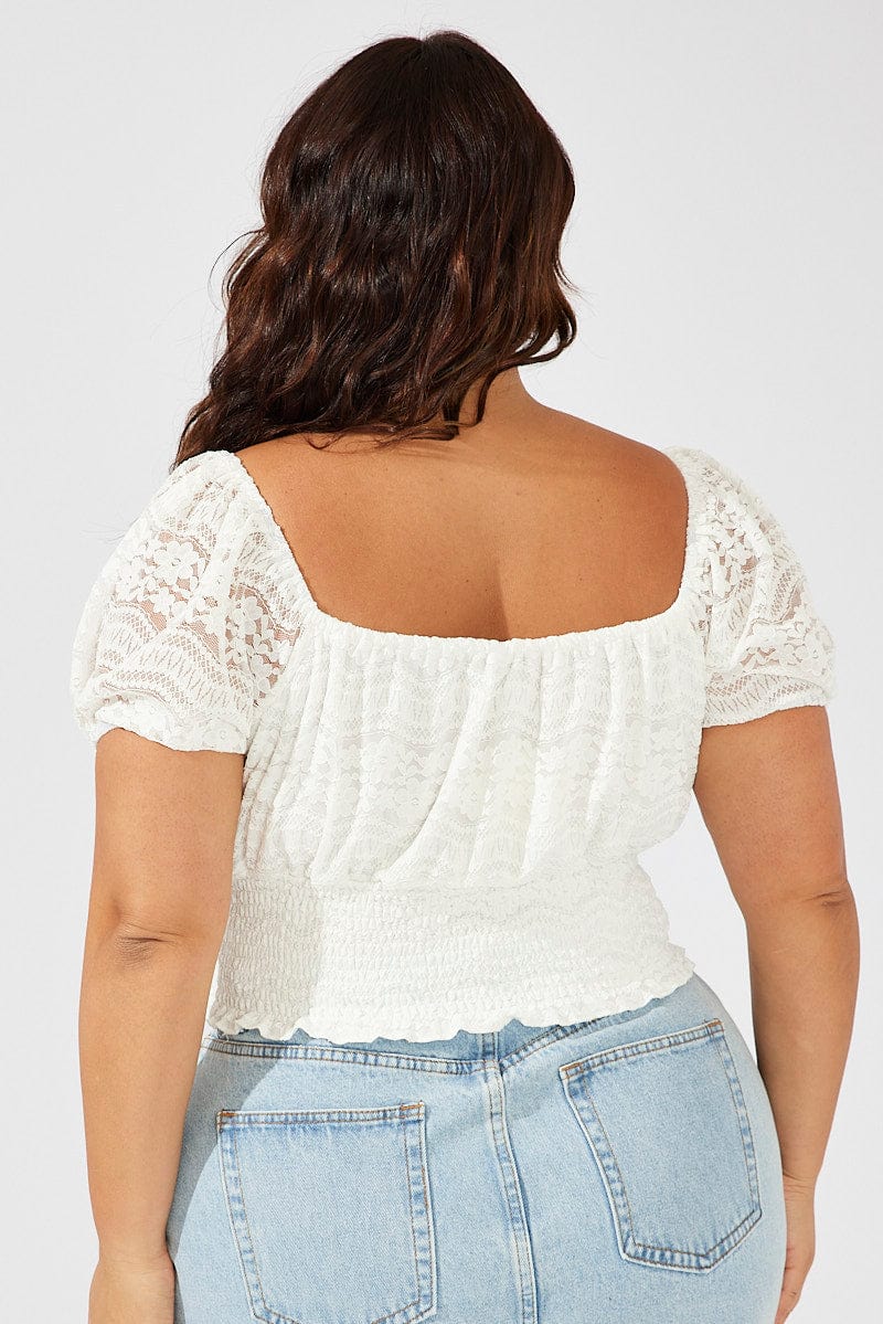 White Crop Top Short Sleeve Shirred Waist Lace - Image 5