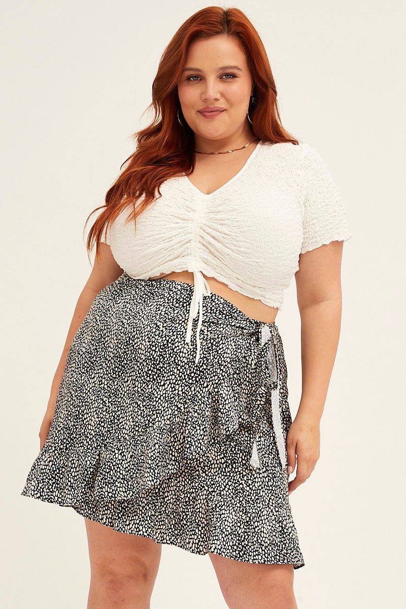 White Crop Top Short Sleeve Textured Lace Drawstring - Image 3