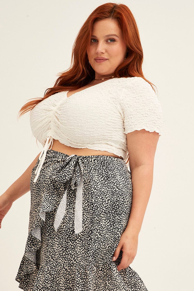 White Crop Top Short Sleeve Textured Lace Drawstring - Image 4