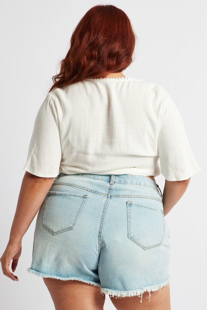 White Crop Top Short Sleeve Tie Front Linen Blend - Image 5
