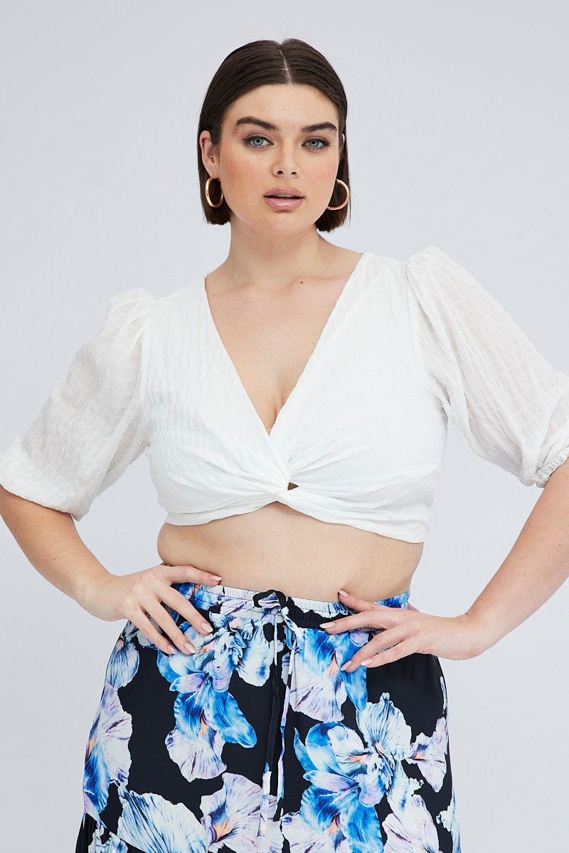 White Crop Top Short Sleeve Twist Front - Image 3