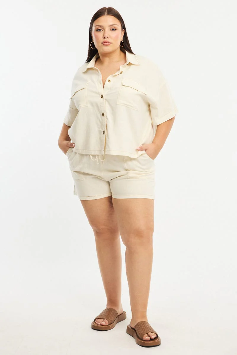 White Cropped Shirt Short Sleeve Contrast Stitch - Image 3
