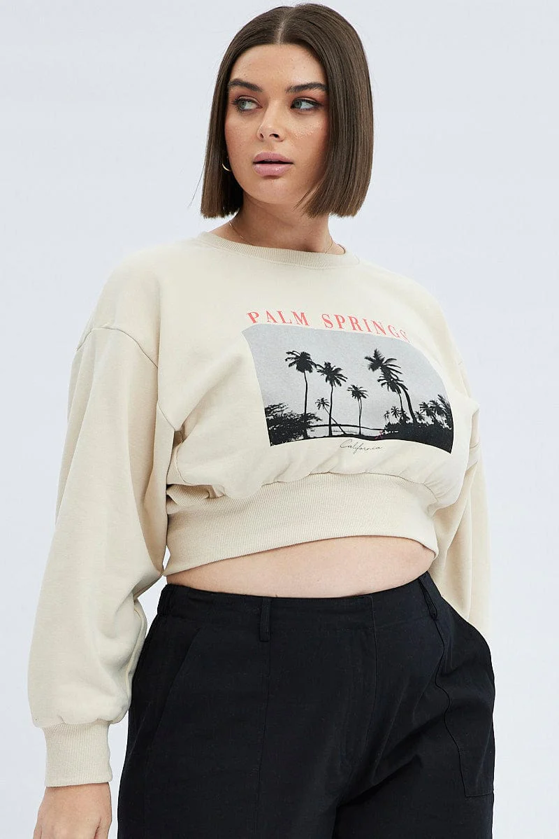 White Cropped Sweatshirt Palm Springs Print Fleece - Image 3