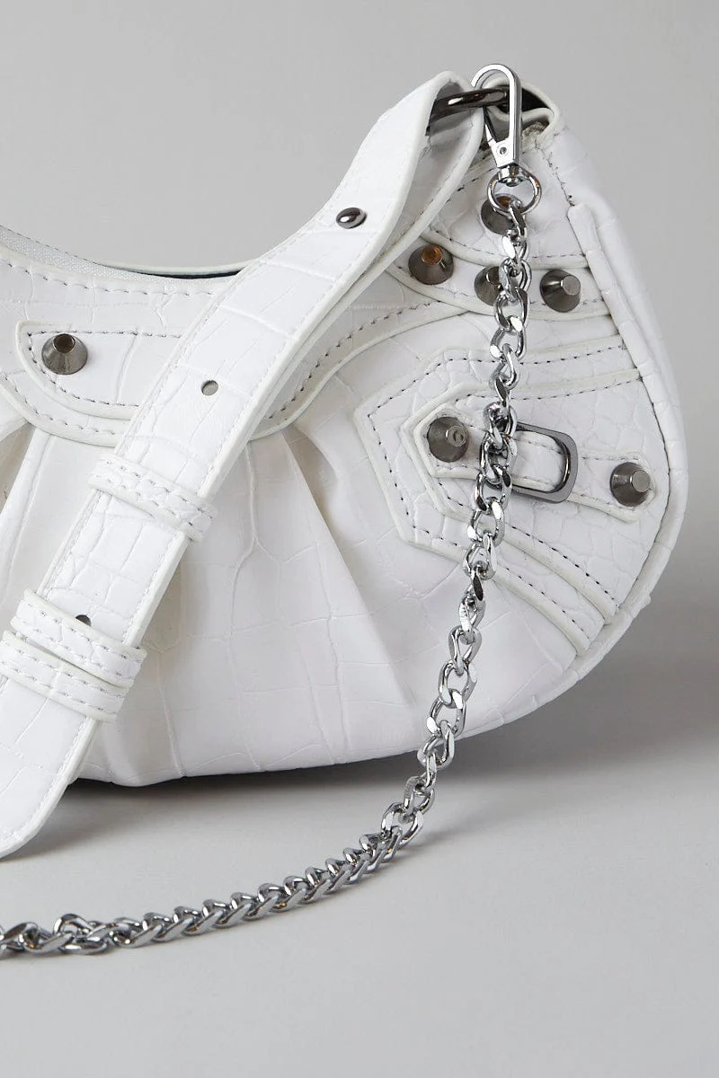 White Curved Crossbody Bag with Studding - Image 2