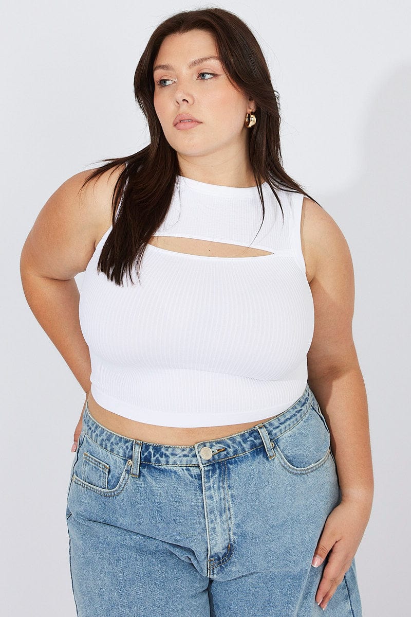 White Cut Out Tank Top Crew Neck Seamless - Image 3
