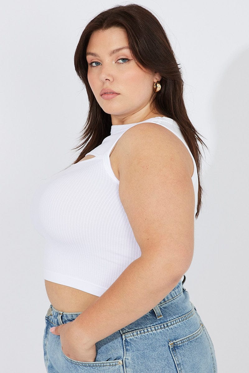 White Cut Out Tank Top Crew Neck Seamless - Image 4