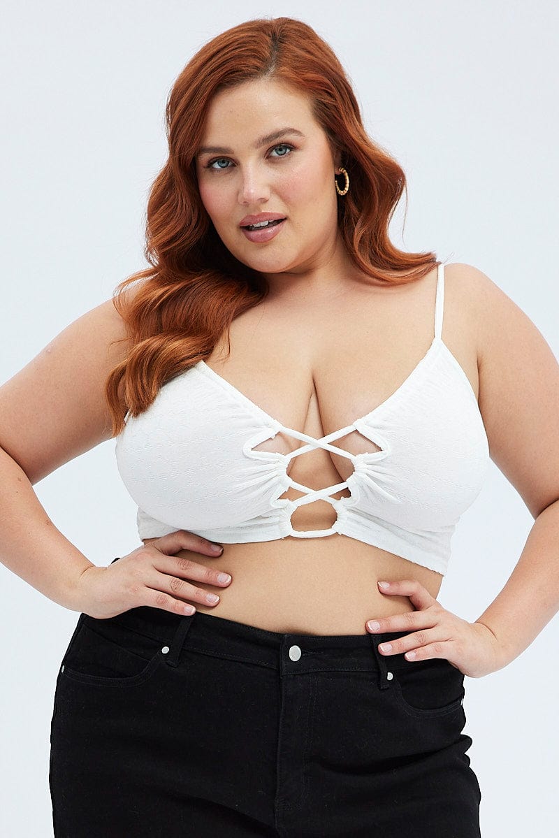White Cutout Top Textured Shoestring Top