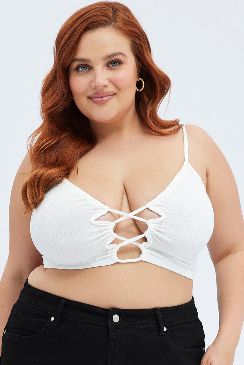 White Cutout Top Textured Shoestring Top - Image 3