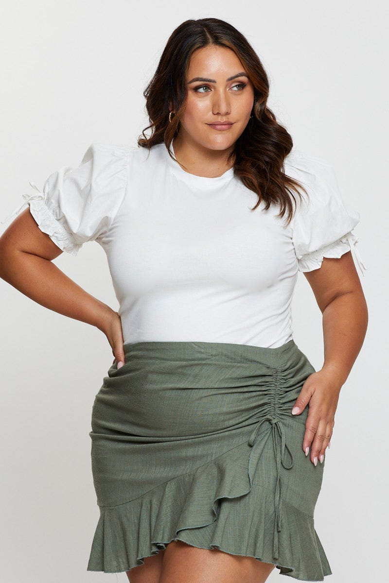 White Detail Top Crew Neck Puff Sleeve Cotton Tie