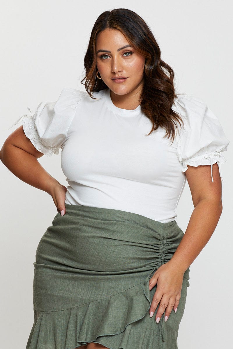 White Detail Top Crew Neck Puff Sleeve Cotton Tie - Image 3