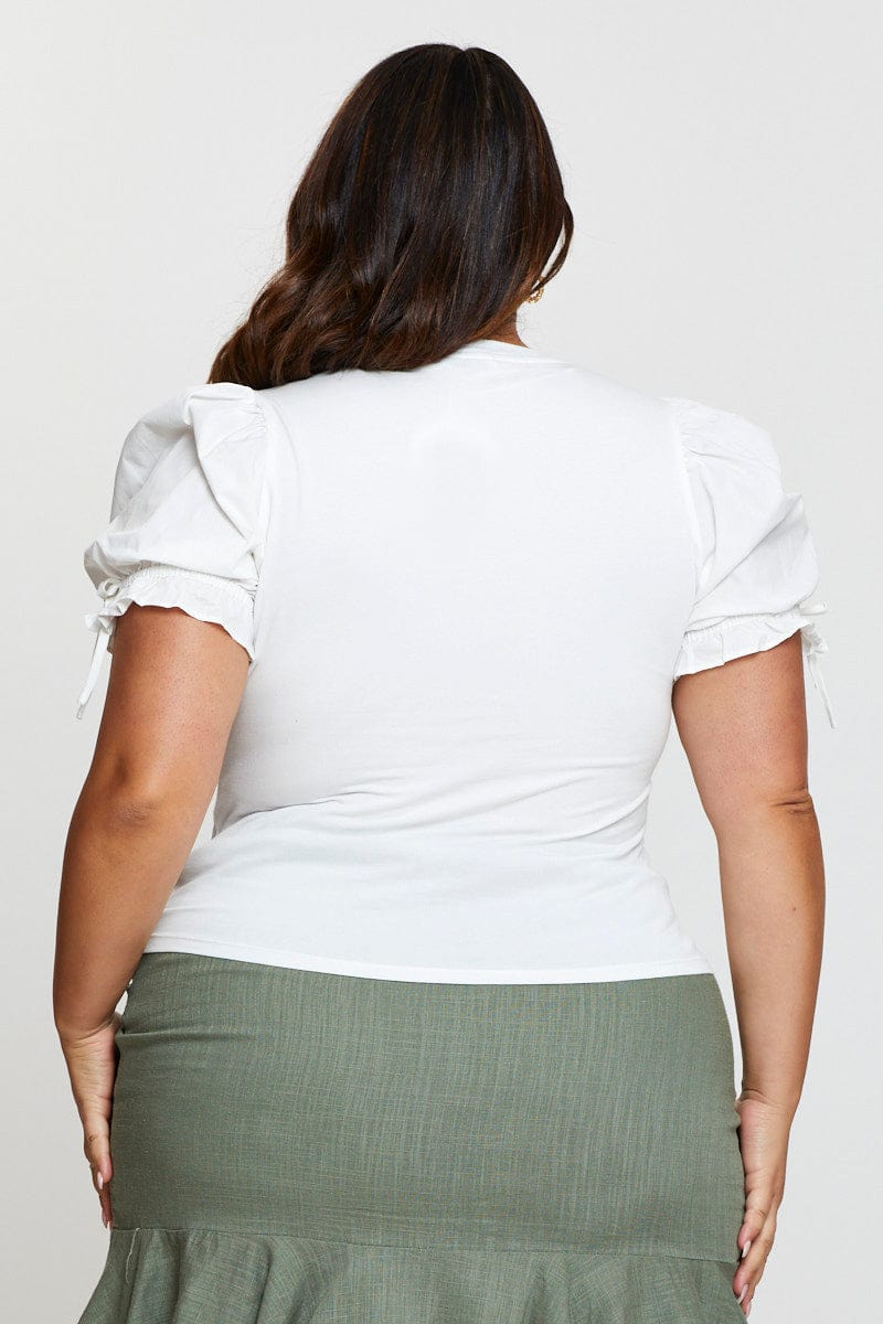 White Detail Top Crew Neck Puff Sleeve Cotton Tie - Image 5