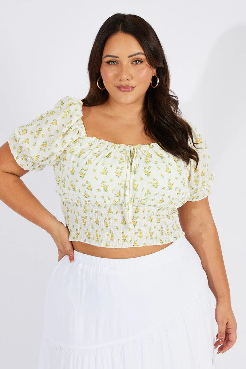 White Ditsy Crop Top Short Sleeve Ruched Bust - Image 3
