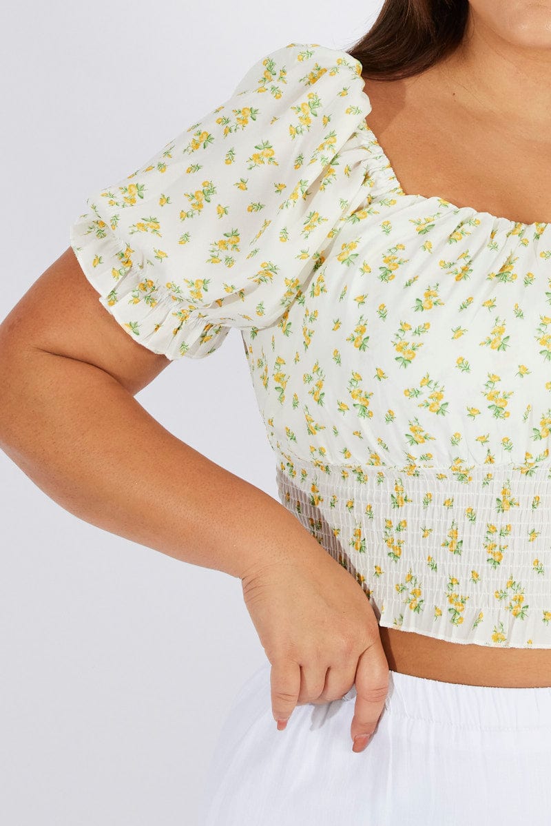 White Ditsy Crop Top Short Sleeve Ruched Bust - Image 6