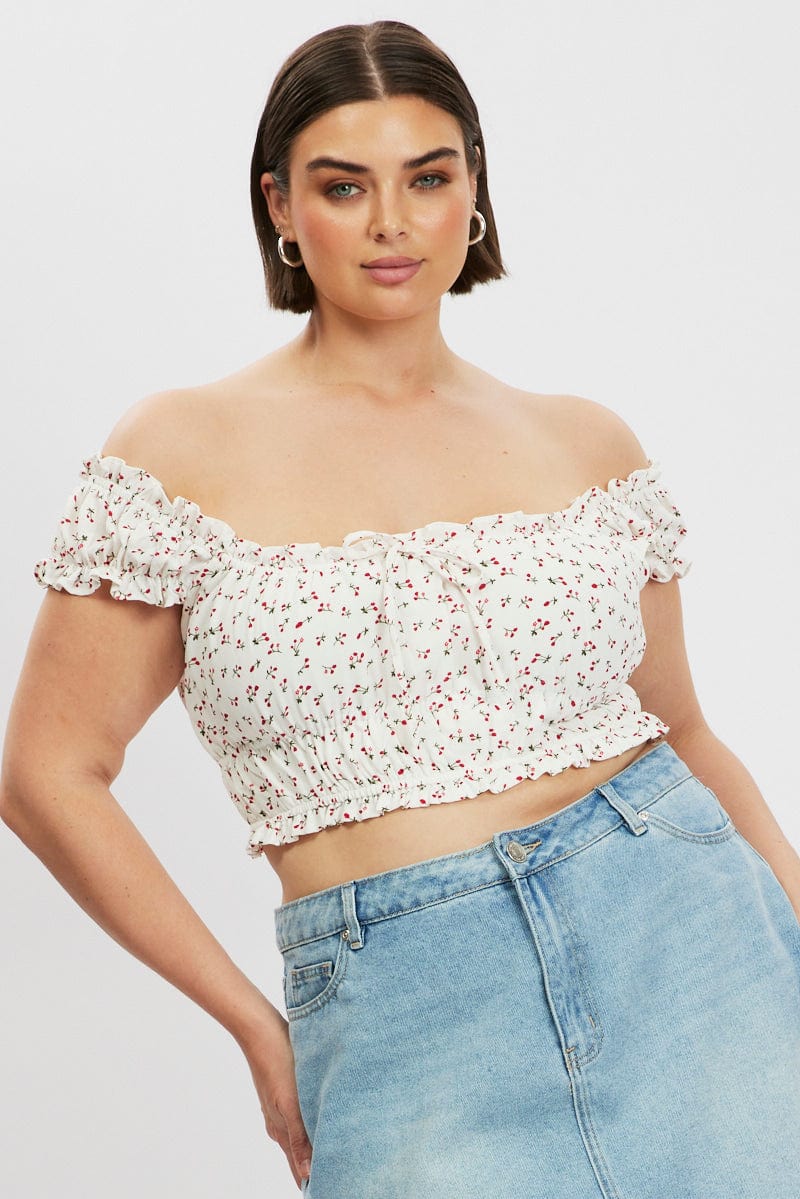 White Ditsy Crop Top Short Sleeve Ruched Bust