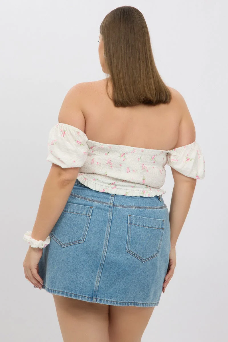 White Ditsy Crop Top Short Sleeve Shirred Waist - Image 5