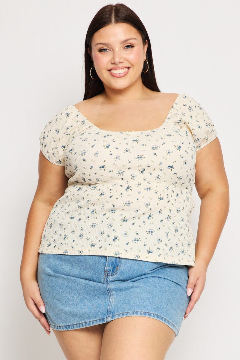 White Ditsy Floral Babydoll Top Short Sleeve Textured