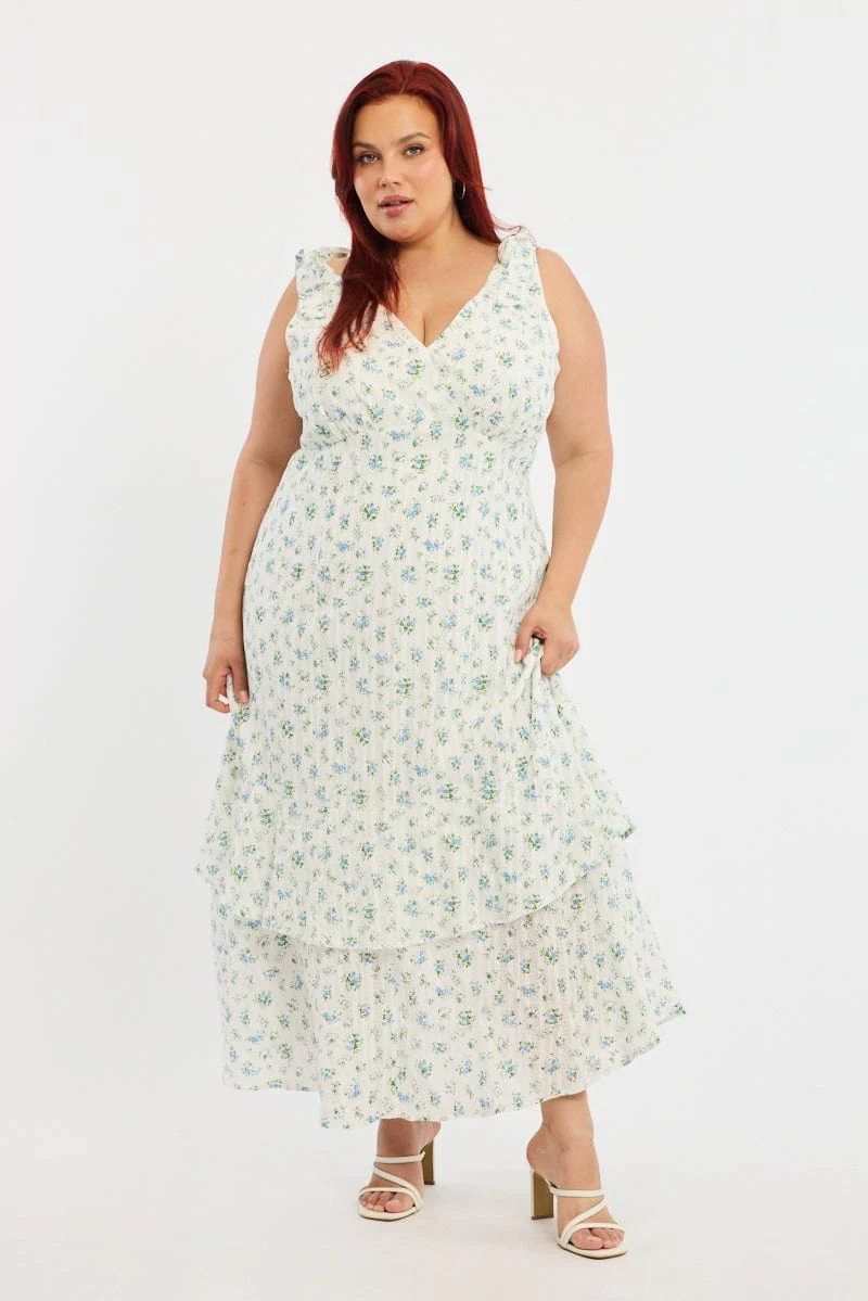 White Ditsy Midi Dress Sleeveless Shoulder Tie