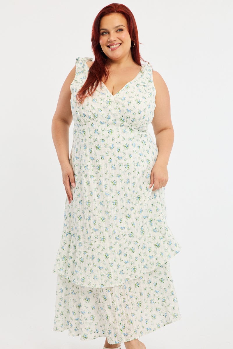 White Ditsy Midi Dress Sleeveless Shoulder Tie - Image 2