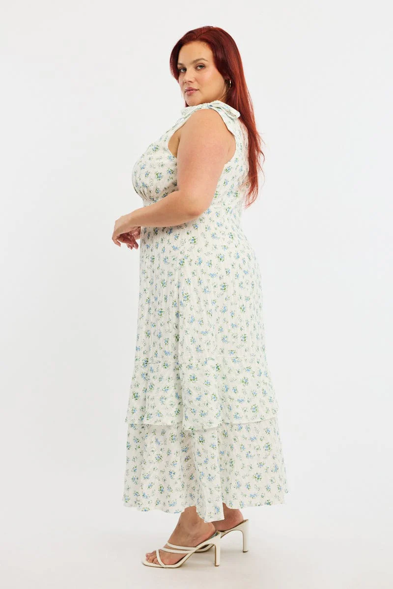 White Ditsy Midi Dress Sleeveless Shoulder Tie - Image 3
