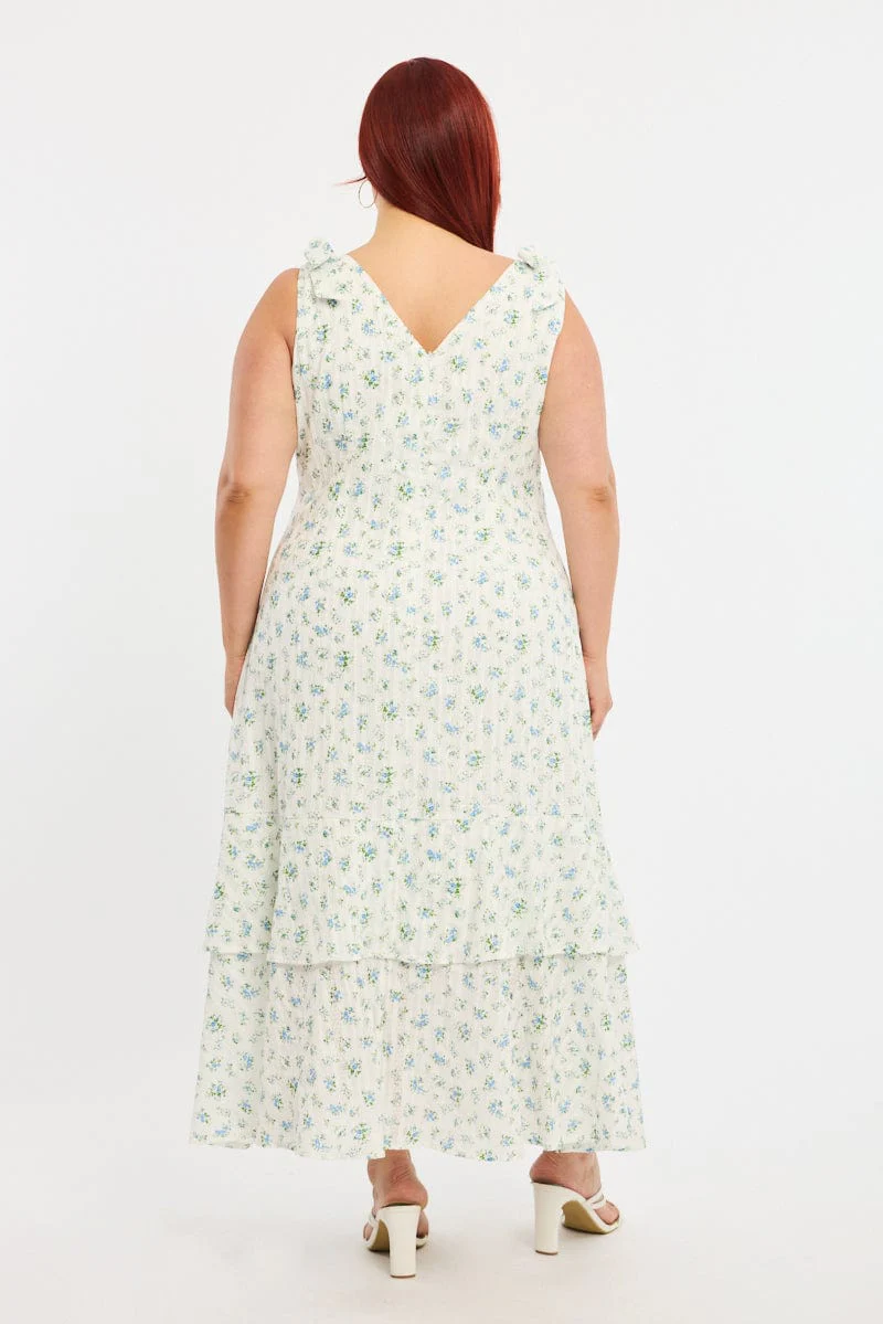White Ditsy Midi Dress Sleeveless Shoulder Tie - Image 4