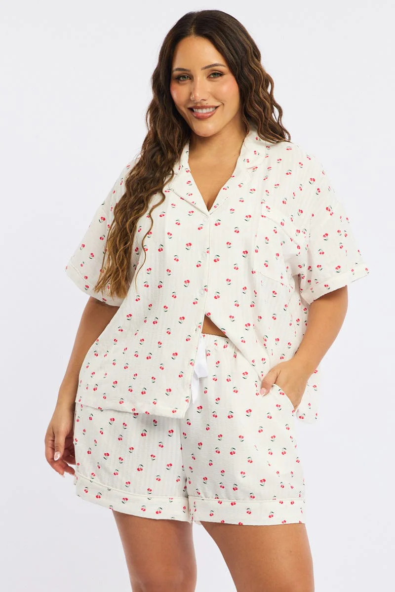 White Ditsy Pyjamas Set Short Sleeve Cherry Motif