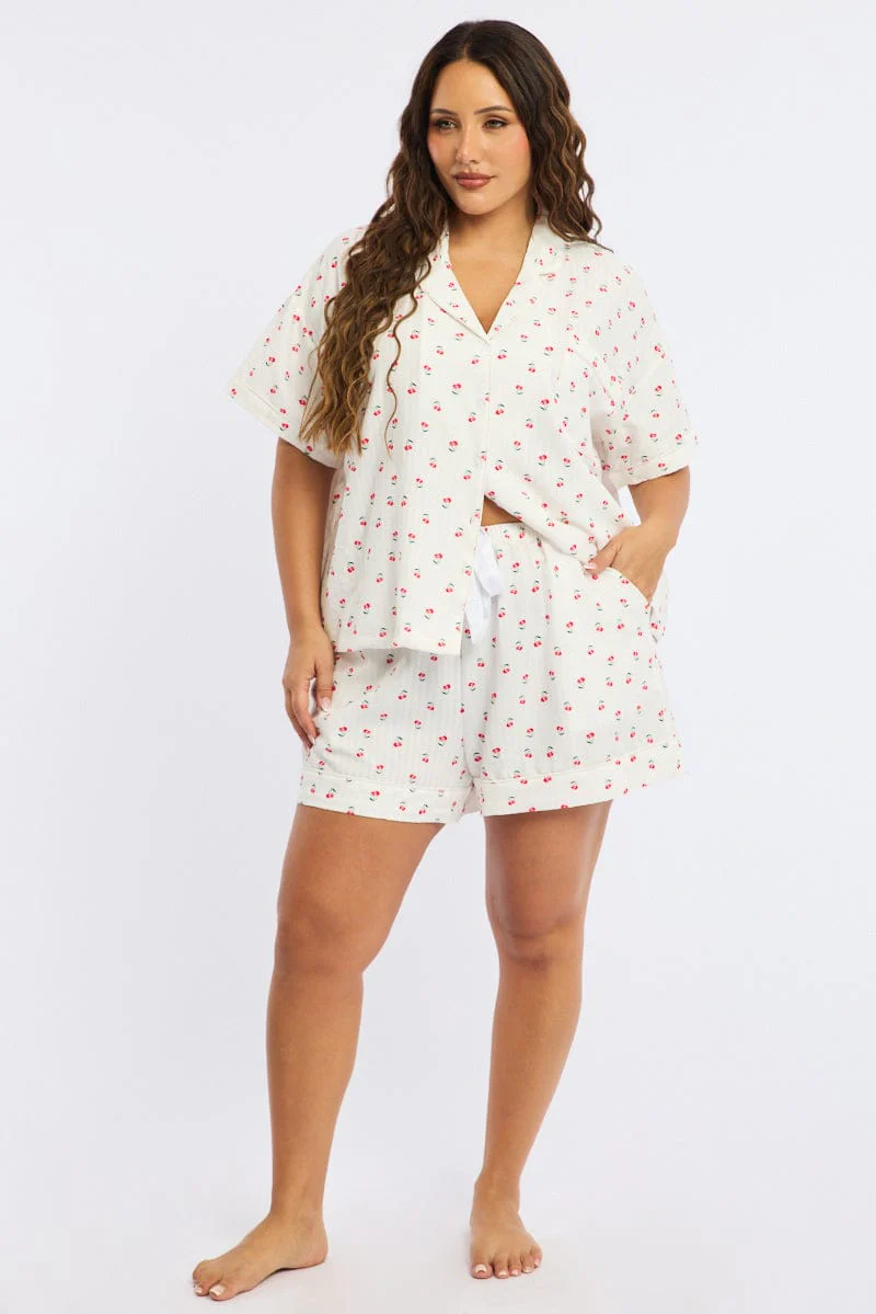 White Ditsy Pyjamas Set Short Sleeve Cherry Motif - Image 2